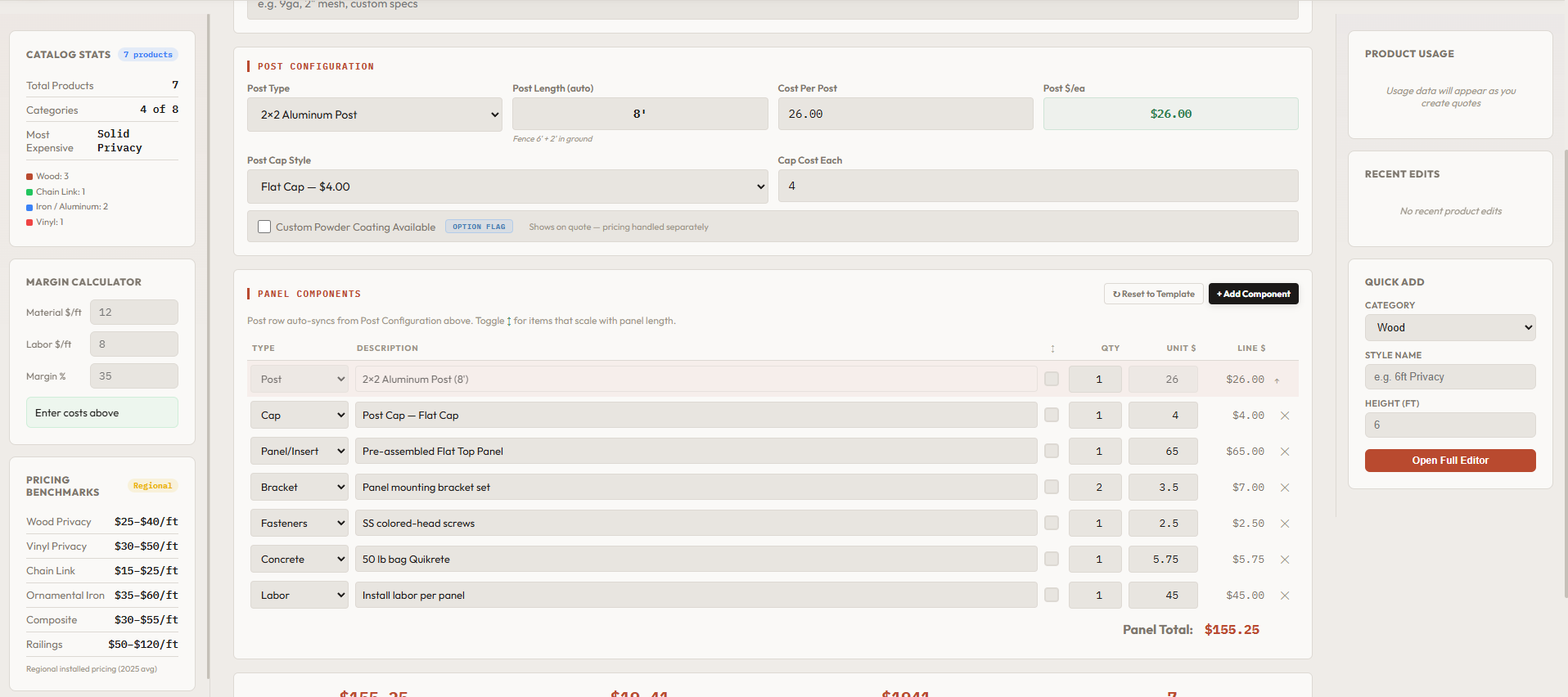 Visual Fence Pro product editor showing fence components and pricing